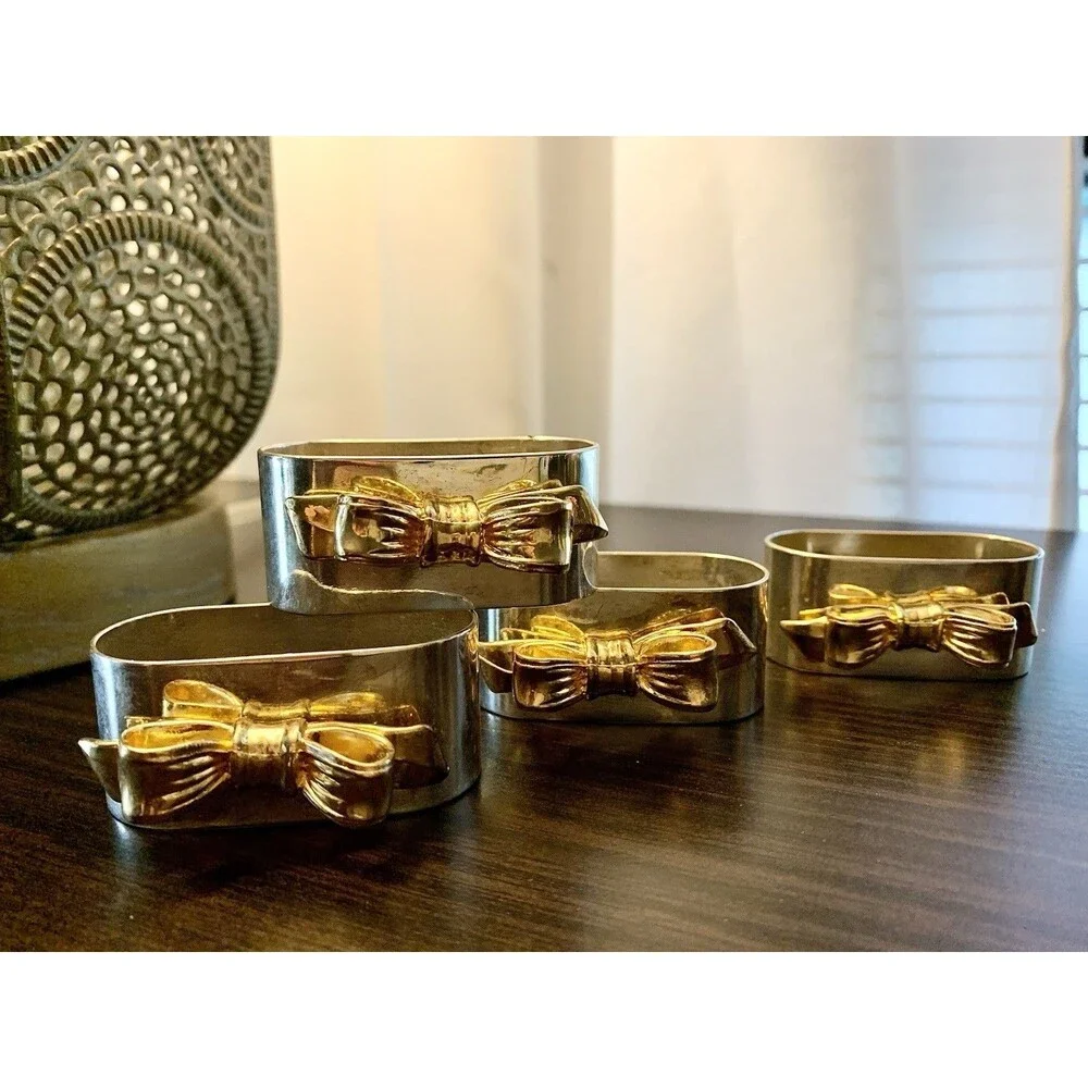 Vintage Regal Quality Silver Plated Napkin Rings Gold Bow Set of 4 Hong Kong